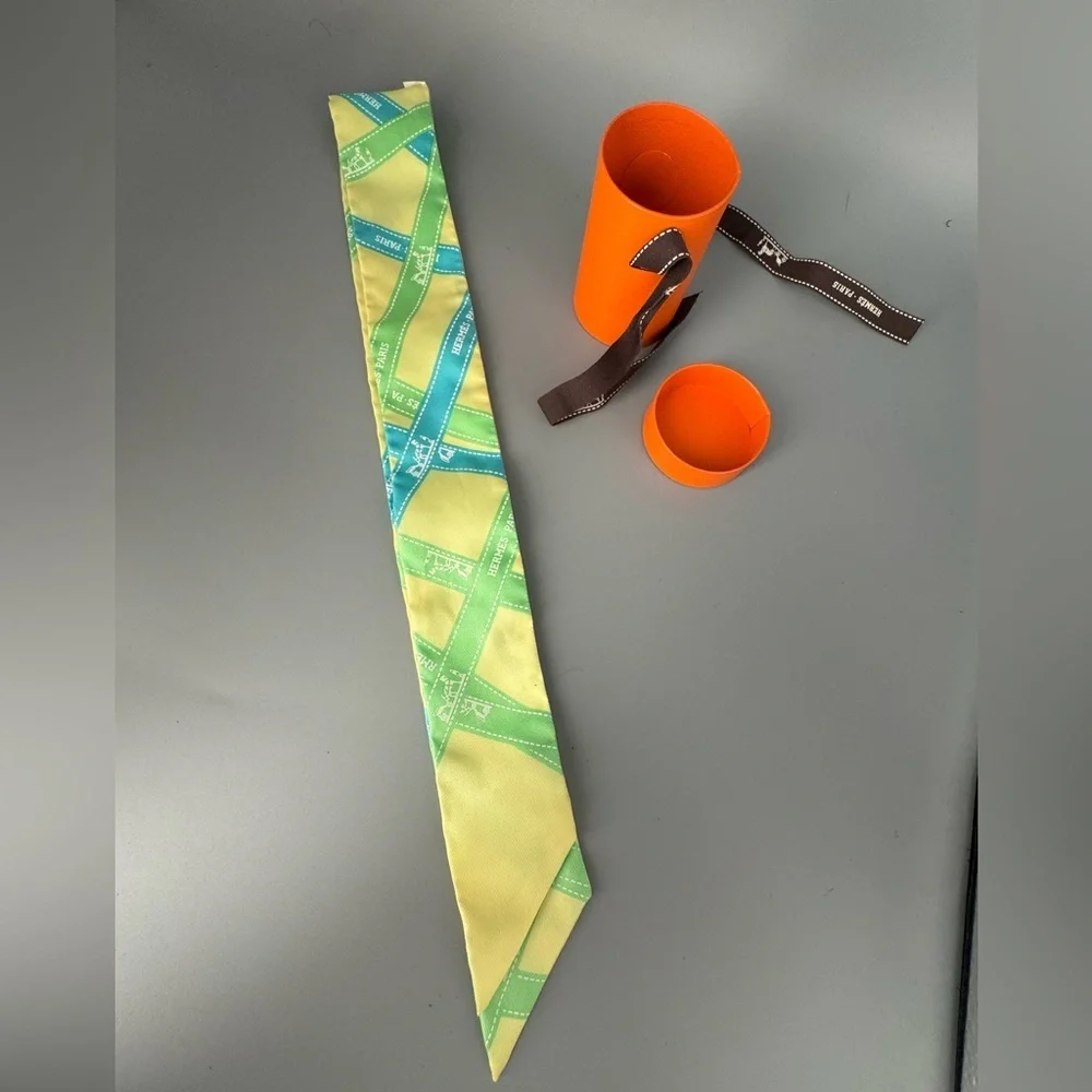 Hermès Bolduc Ribbon Silk Twilly Scarf Yellow Green w Box
